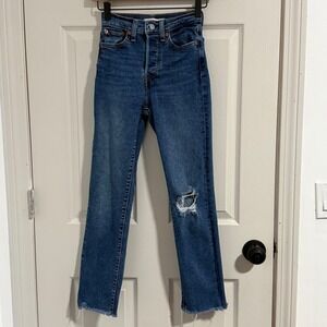 Levis Wedgie Straight Jeans Womens 24 Blue Distressed Button Fly Retro 90s